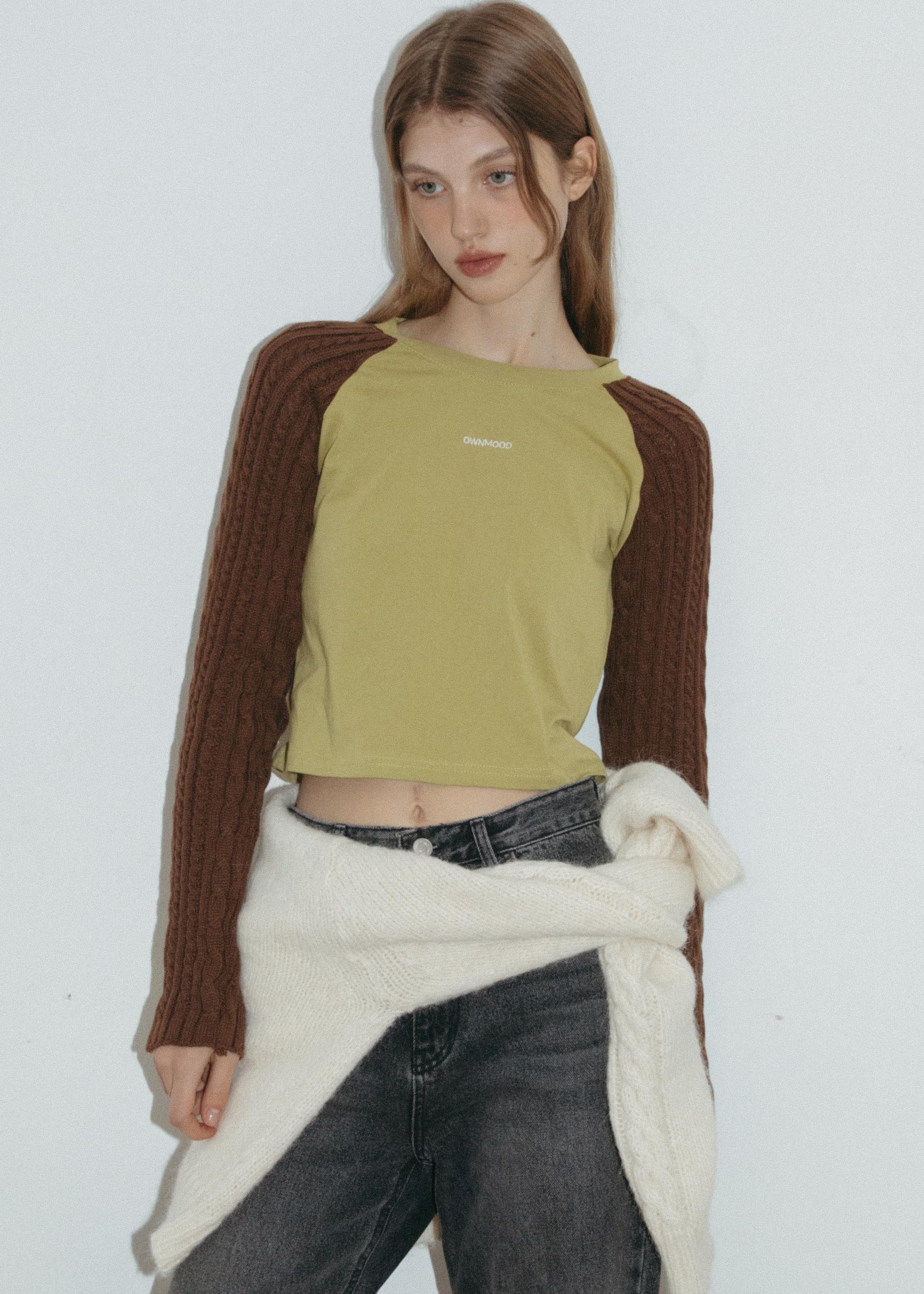Ownmood Logo Knit Mix Long Sleeve Top - Olive