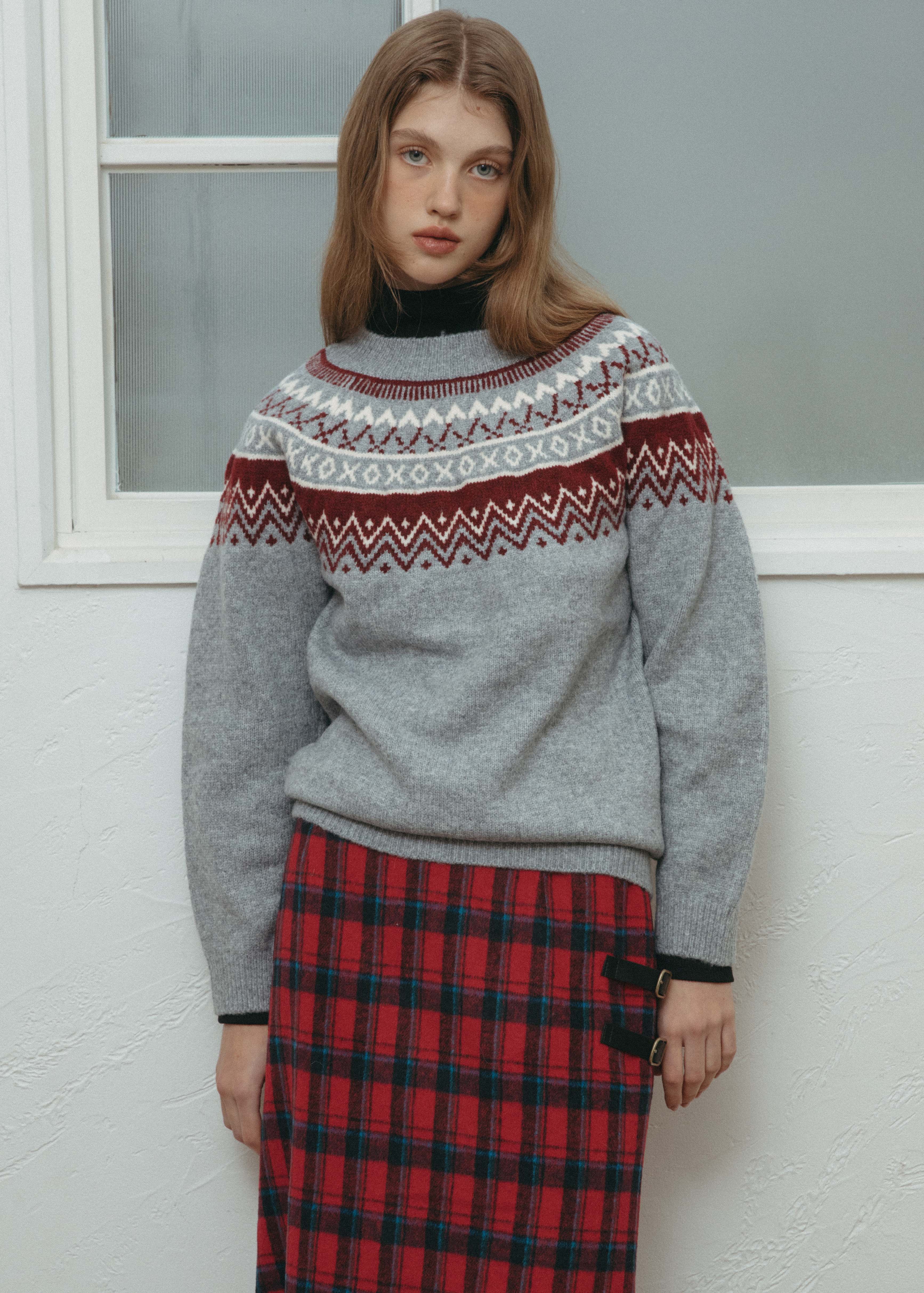 Roman Nordic Sweater - Gray/red